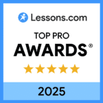 Lessons.com Top Pro Awards badge with five gold stars and the year 2025.